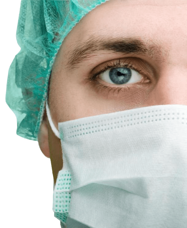 Healthcare professional wearing a surgical mask and cap, emphasizing their commitment to safety and hygiene in a medical environment.
